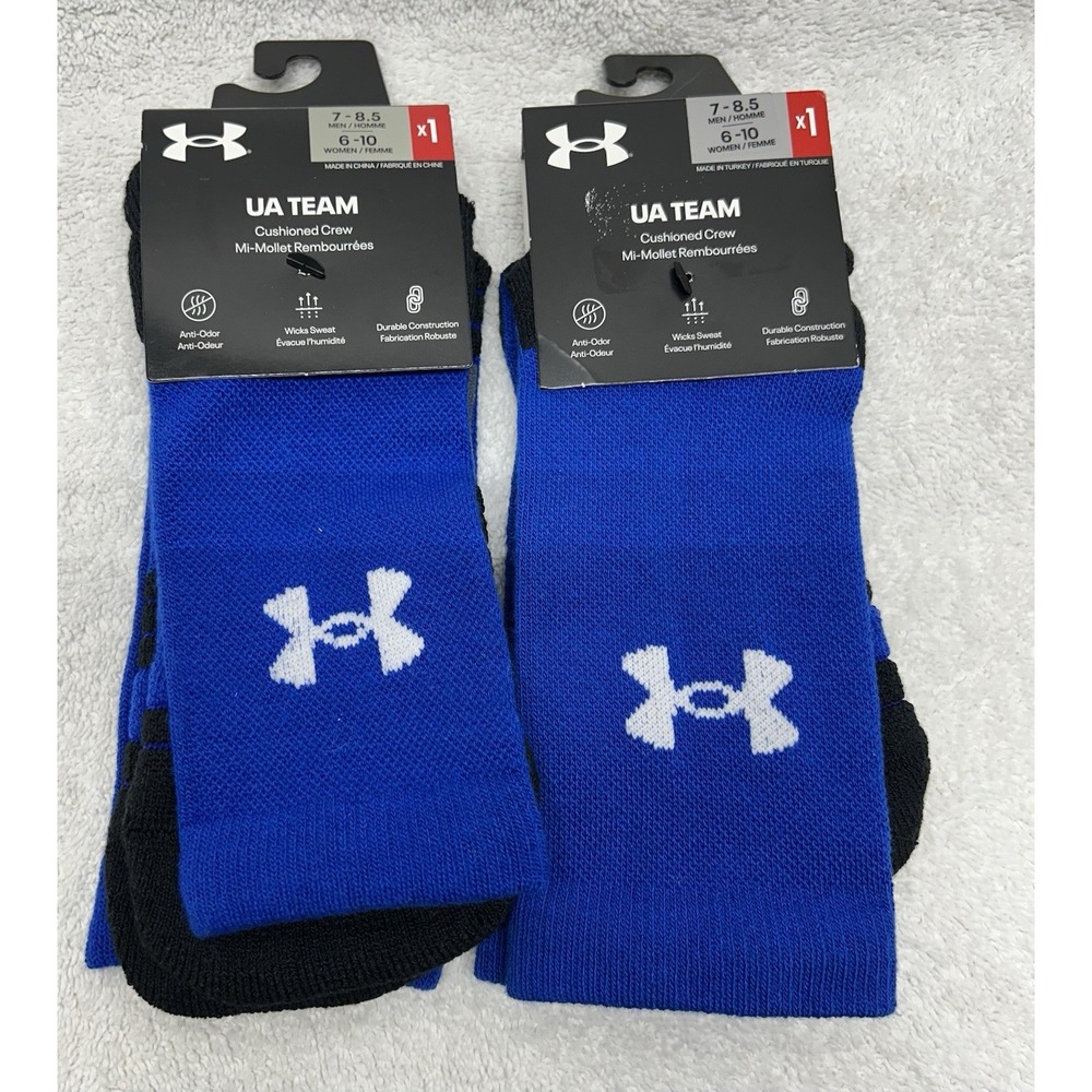Lot of 2 Under Armour Team Men's 7-8.5/Women's 6-10 Blue Cushioned Crew Socks